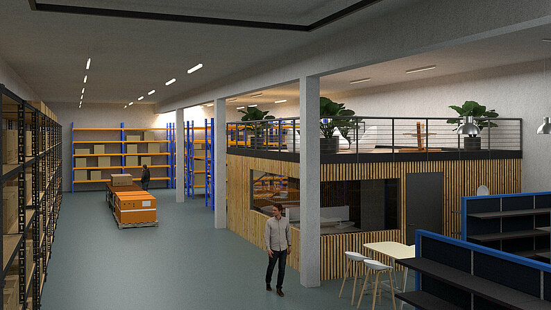Illustration des Hallen Inneren als Lager der geplanten Gewerbehalle MH90 in Marienheide-Griemeringhausen