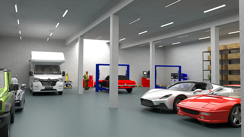 Illustration des Hallen Inneren als Kfz-Werkstatt der geplanten Gewerbehalle MH90 in Marienheide-Griemeringhausen